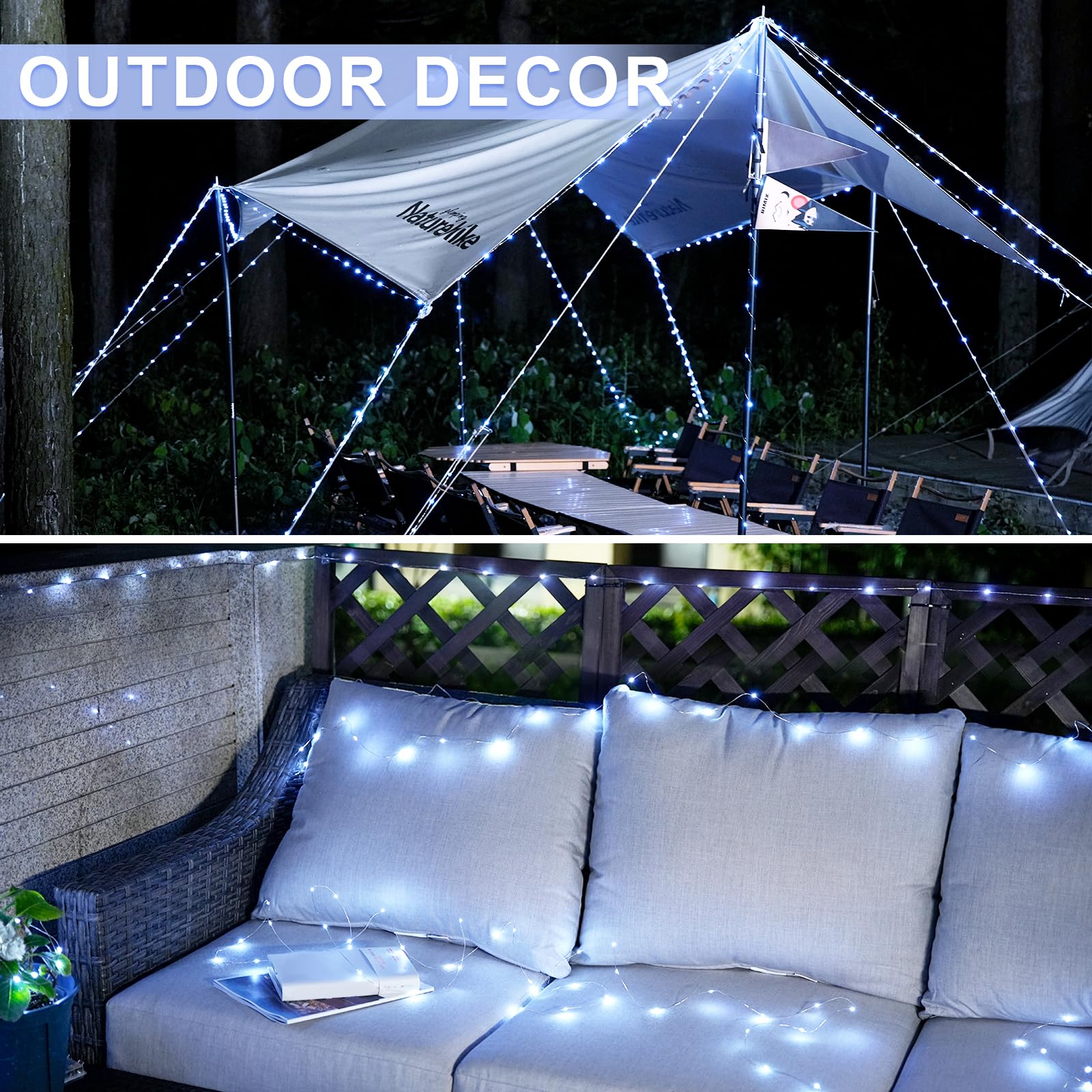 JMEXSUSS Lot de 2 guirlandes lumineuses blanches à piles, 20,1 m, 200 LED avec télécommande, 8 modes