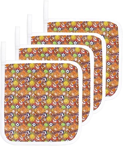 4 Packs Sports Theme Pot Holders Sets for Kitchen,Oven Pan Plate Bowl Pads Heat Proof Mat with Hanging Loop,Thick Terry Cloth Potholders Soft Grip