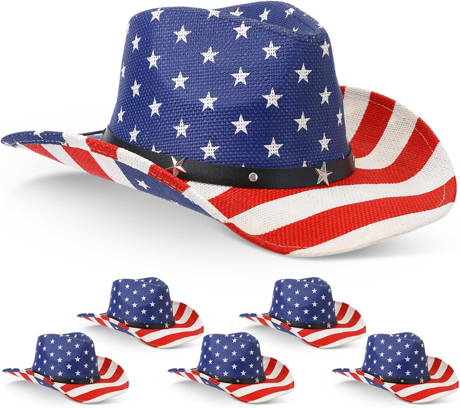 Frienda 6 Pack American Flag Cowboy Hats, Unisex USA Patriotic 4th of July Sun Hats for Men Women Parties, Parades, Rodeo