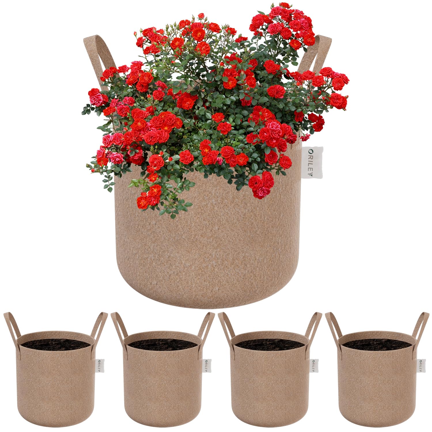 ORILEY Grow Bag Heavy Duty Geo Fabric Plant Pot with Sturdy Handles Lightweight Bags Ideal for Gardening Balcony Terrace (Beige, Round, 500 GSM 10 x 10 inch Pack of 5)