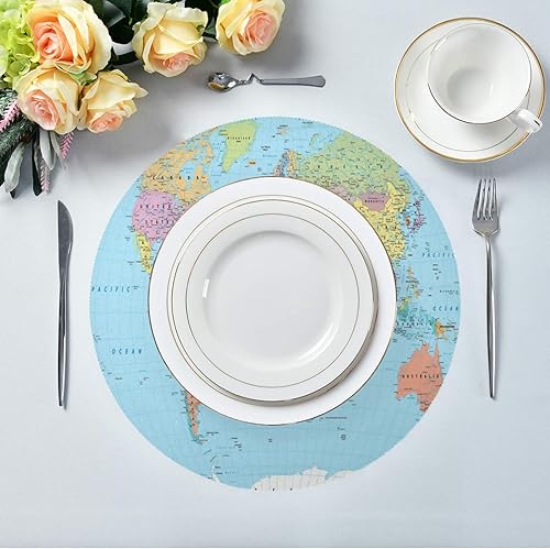 Miniatura 3 de Juego de 6 manteles individuales redondos con diseño de mapa del mundo para mesa de comedor, lavables, resistentes al calor, antideslizantes, para