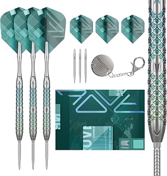 Target Darts Rove Steel Tip Swiss Point Darts, 90% Tungsten Dart Set | Steel Tip Dart, Green & Silver Darts, Professional Dart Set with Swiss Points & Tool | Barrel 01/02/03 22G/23G/24G/25G