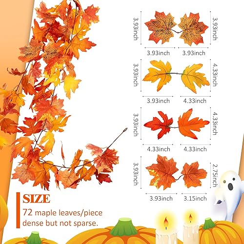 Miniatura 4 de Paquete de 3 guirnaldas de hojas de otoño, 5.7 piespieza, decoración de hojas de arce para manto, chimenea, guirnalda artificial de follaje otoñal