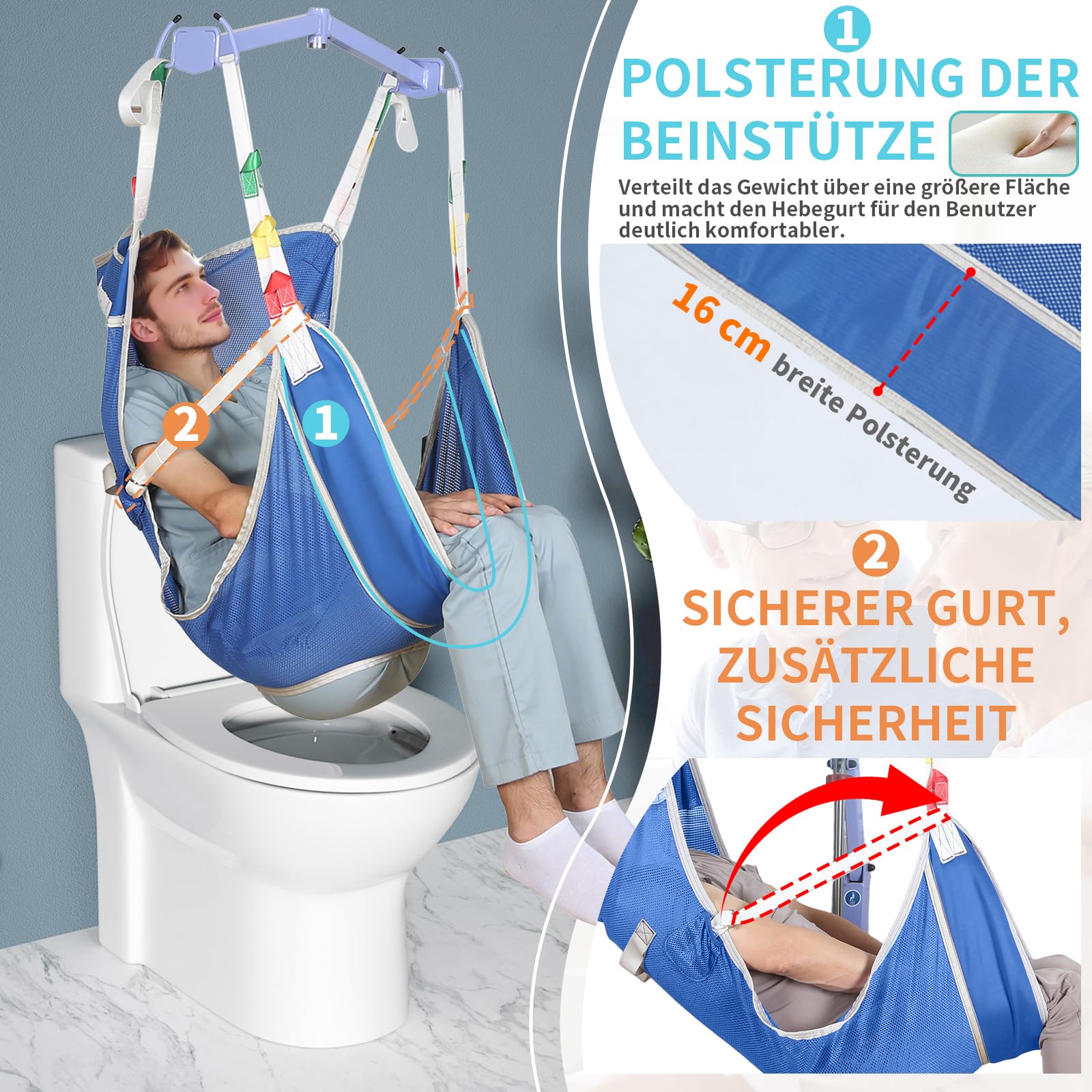 EZ Assistive Hebegurt Schlinge für Toilette,Patientenhebegurte für den Transfer ältere, bariatrische, behinderte Menschen,Tragfähigkeit 500 lbs (Blau, Große Größe)