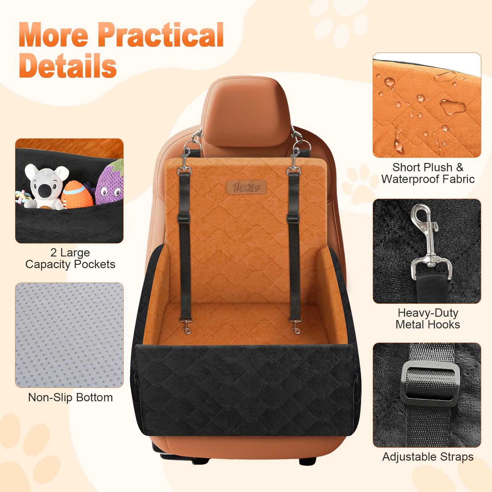 Erhöhter Hundesitz fürs Auto, Hunde Autositz für kleine & mittlere Hunde bis 16 kg, Abnehmbar & Waschbar, Stützschaum Hundesitz mit 2 Taschen & 3 Sicherheitsgurten, Schwarz +Braun