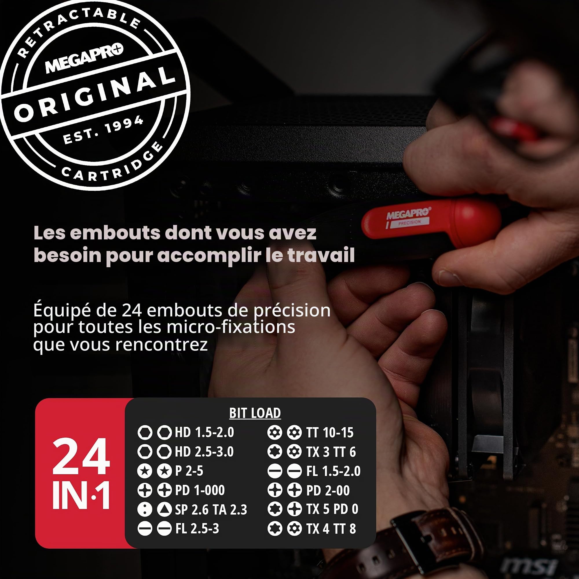 Megapro Jeu de tournevis de précision multi-embouts 24 en 1, avec tige hexagonale pour Phillips, Pentalobe, plat, Torx, clé avec cartouche rétractable, pour l’électronique