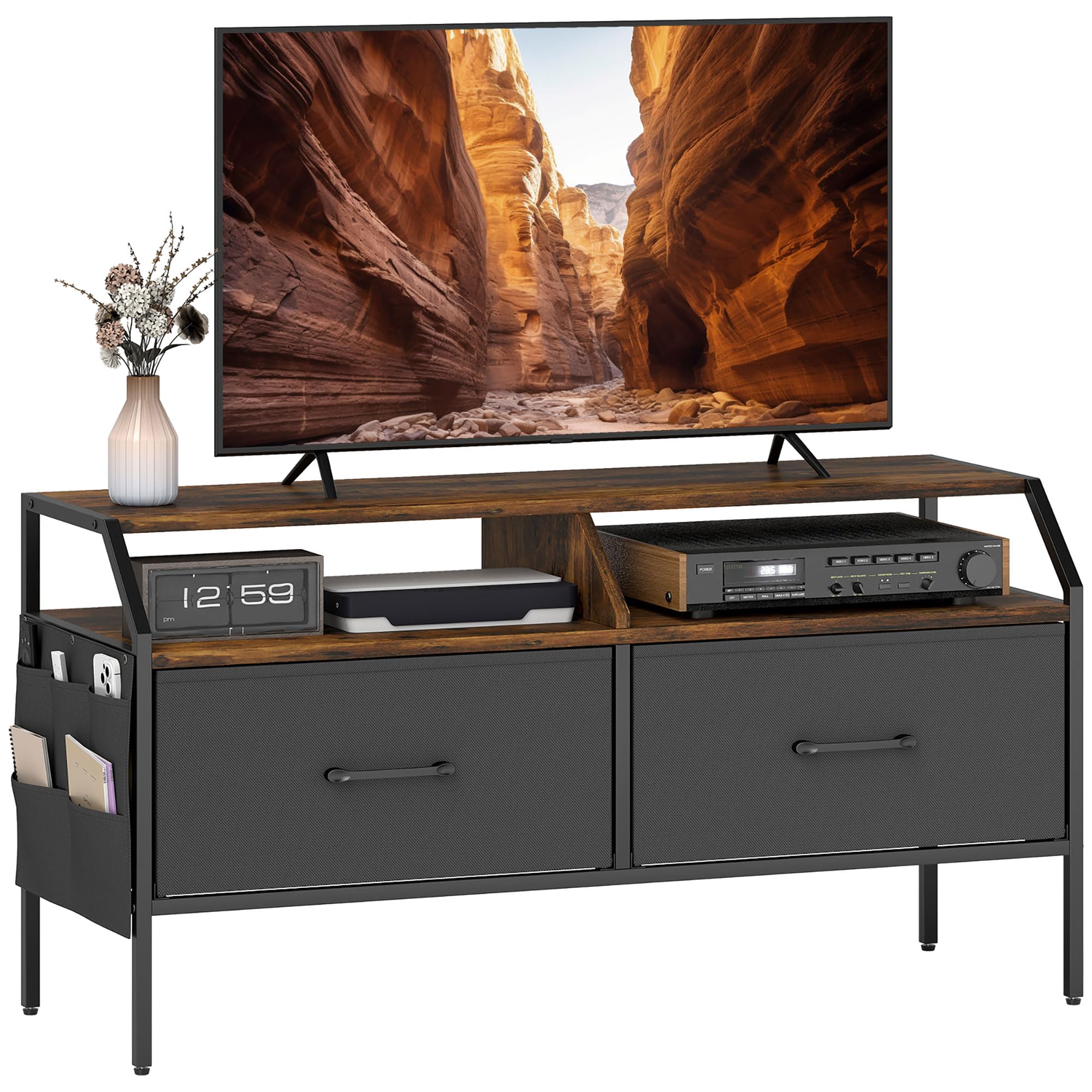Homcom Unisex Brown Tv Stand Cabinet With 2 Foldable Drawers, Rustic 90Cm X 35Cm
