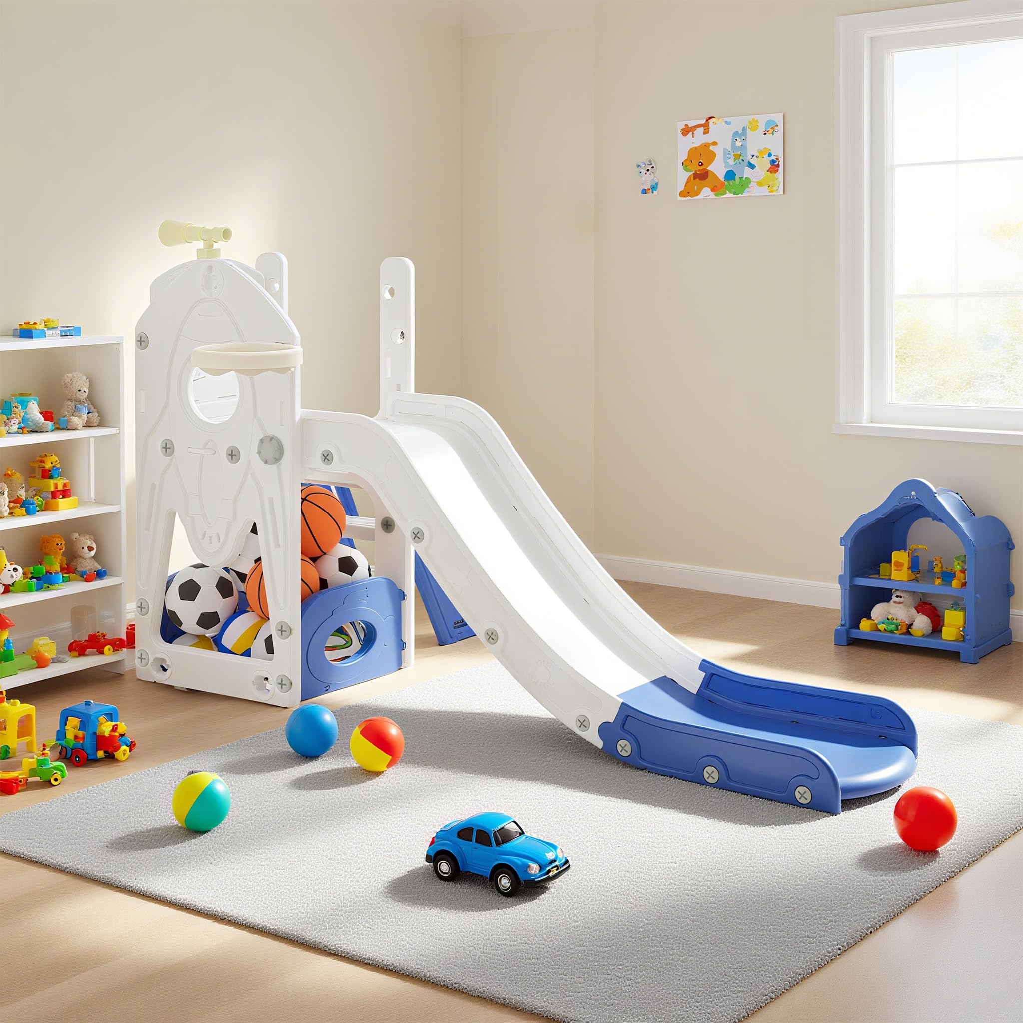 UISEBRT Scivolo per bambini con scaletta da arrampicata, spazio di archiviazione, cestino da basket e telescopio da gioco, scivolo per bambini in HDPE e PP, autoportante, per interni ed esterni, 5 in