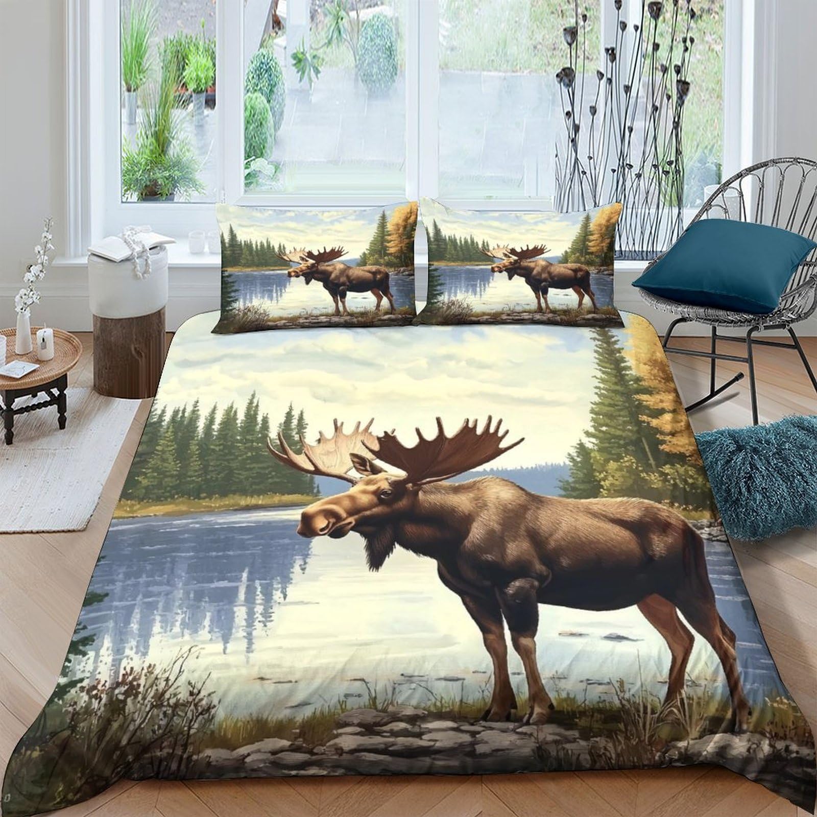 Ctjqhvkz Style-4 3D Printed Forest Lake Moose Fitted Sheet Microfiber Soft Anti-Slip Bed Cover For Bedroom Dorm Mattress Decor Single（135X200cm）