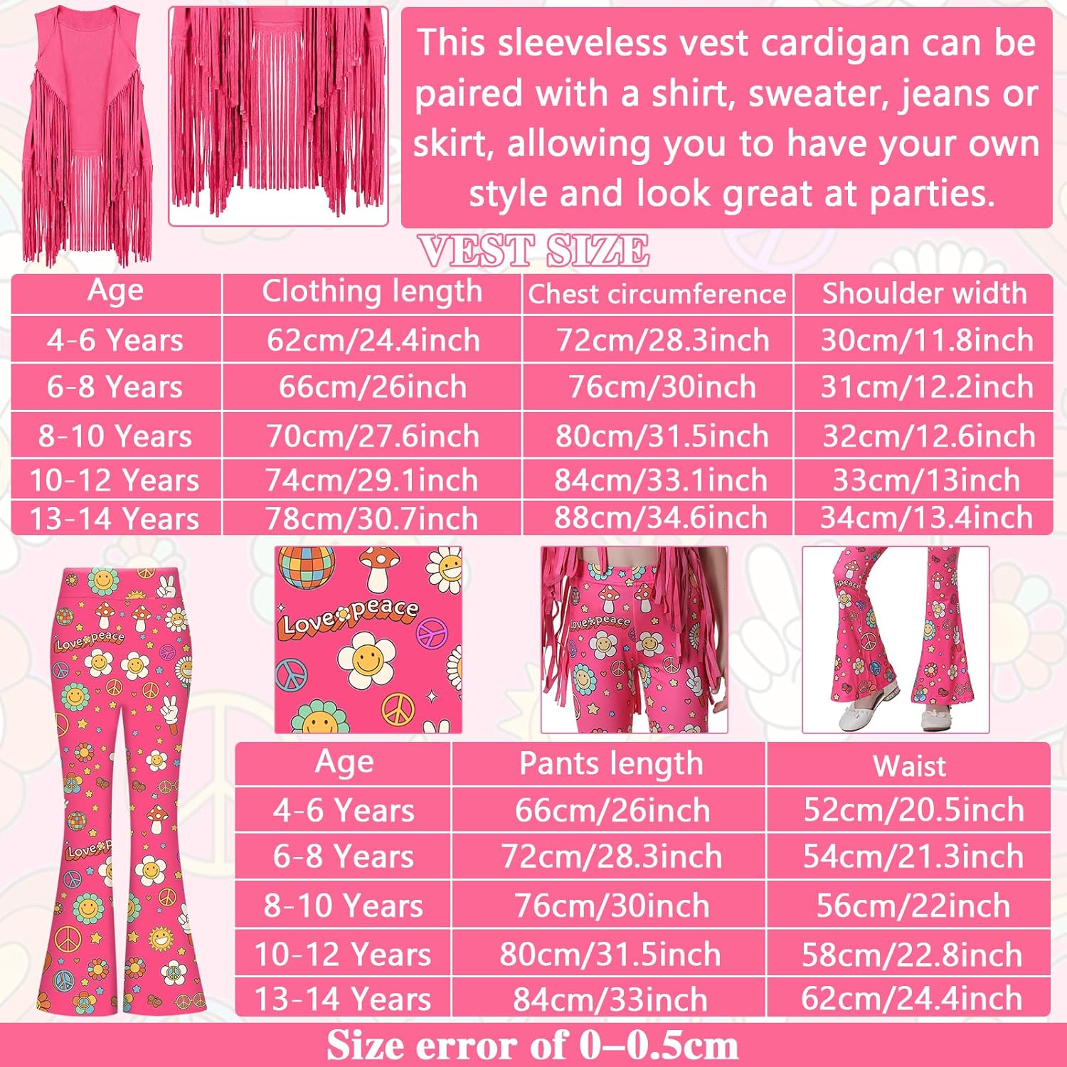 60s 70s Outfits for Kids Girls 7 Pcs Hippie Costume Set Fringe Vest Peace Flared Pants Accessories Set for Halloween - Image 5