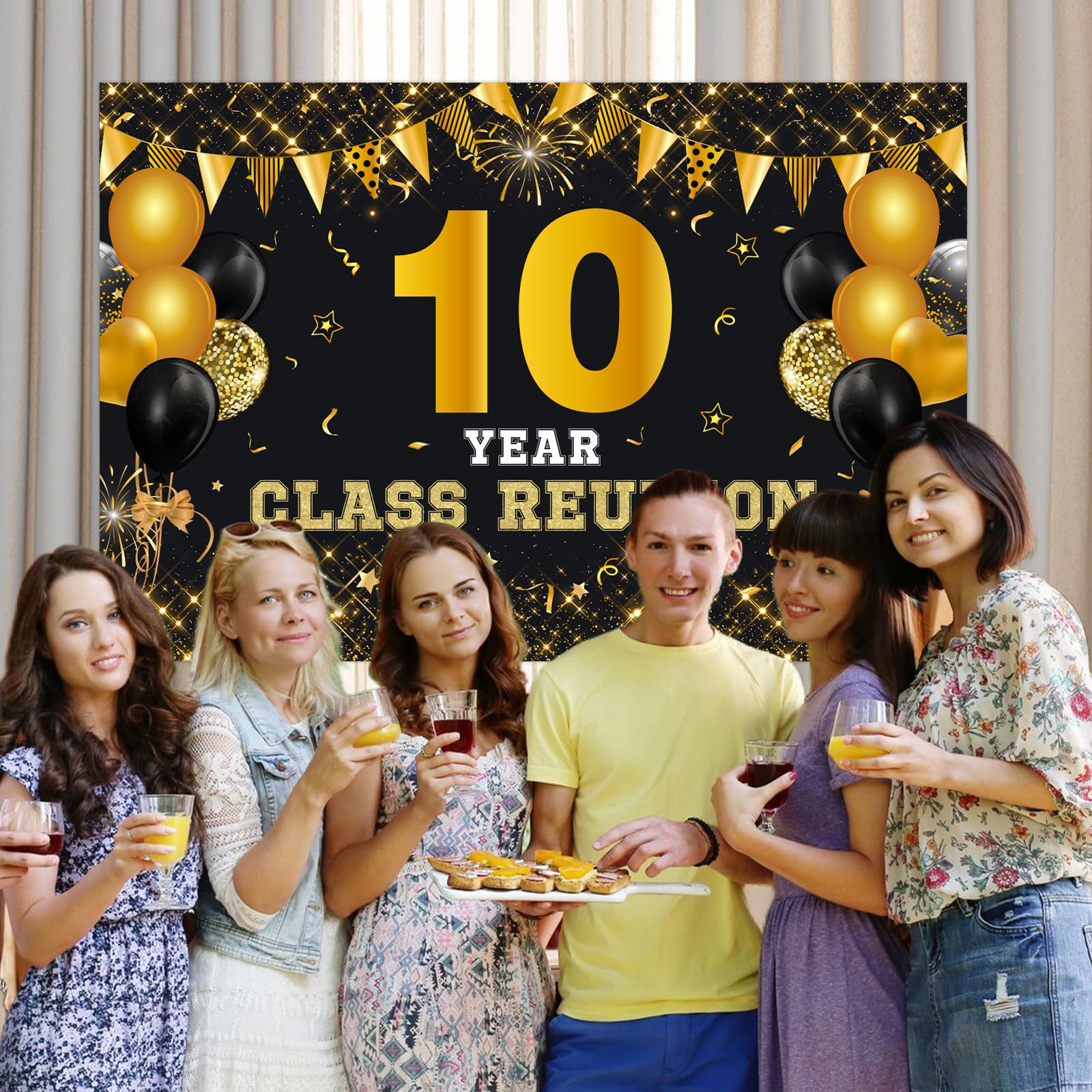 JOYMEMO Fotohintergrund Für Klassentreffen – 2,1 X 1,5 M, Grün & Gold, Vinyl, Für 10.-50. Jubiläum