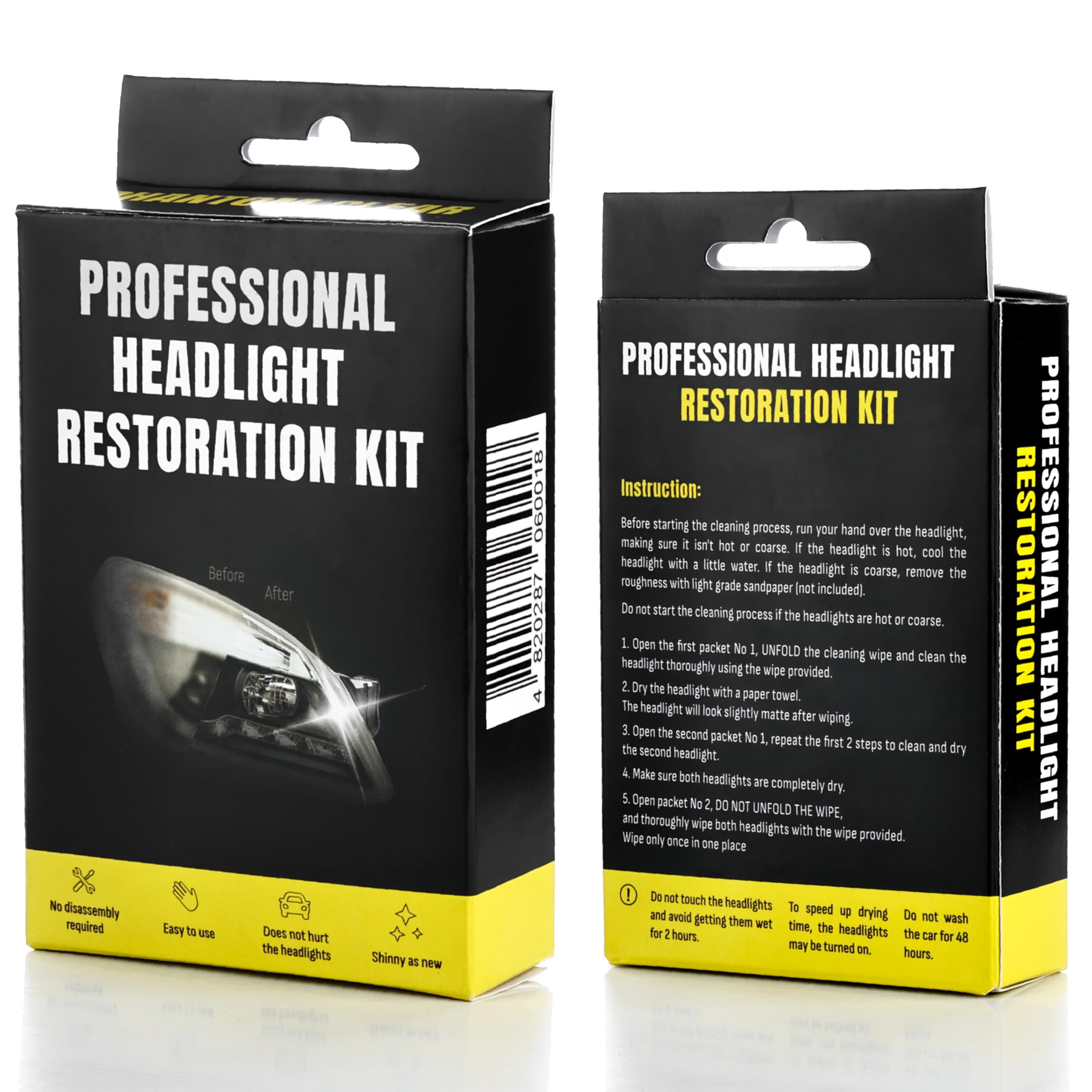 Phantom Clear 3-Step Headlight Restoration Kit – Removes Yellowing, Haze & Oxidation | No Tools Needed | Lasts Up to 2 Years | for All Vehicles