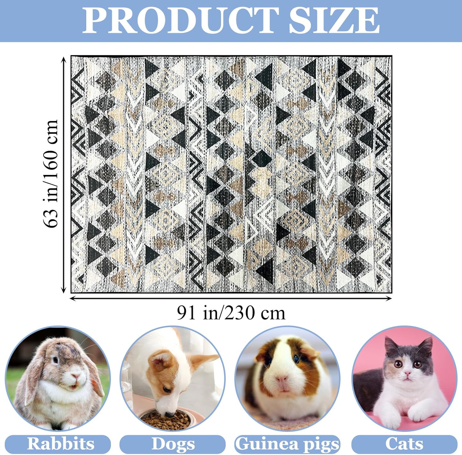 BNOSDM 91x63 Inches Rabbit Cage Liner Extra Large Washable Bunny Mats, Reusable Floor Protect Rug with Anti Slip Bottom, Pet Dog Playpen Pad for Rabbit Puppy Guinea Pig Ferret
