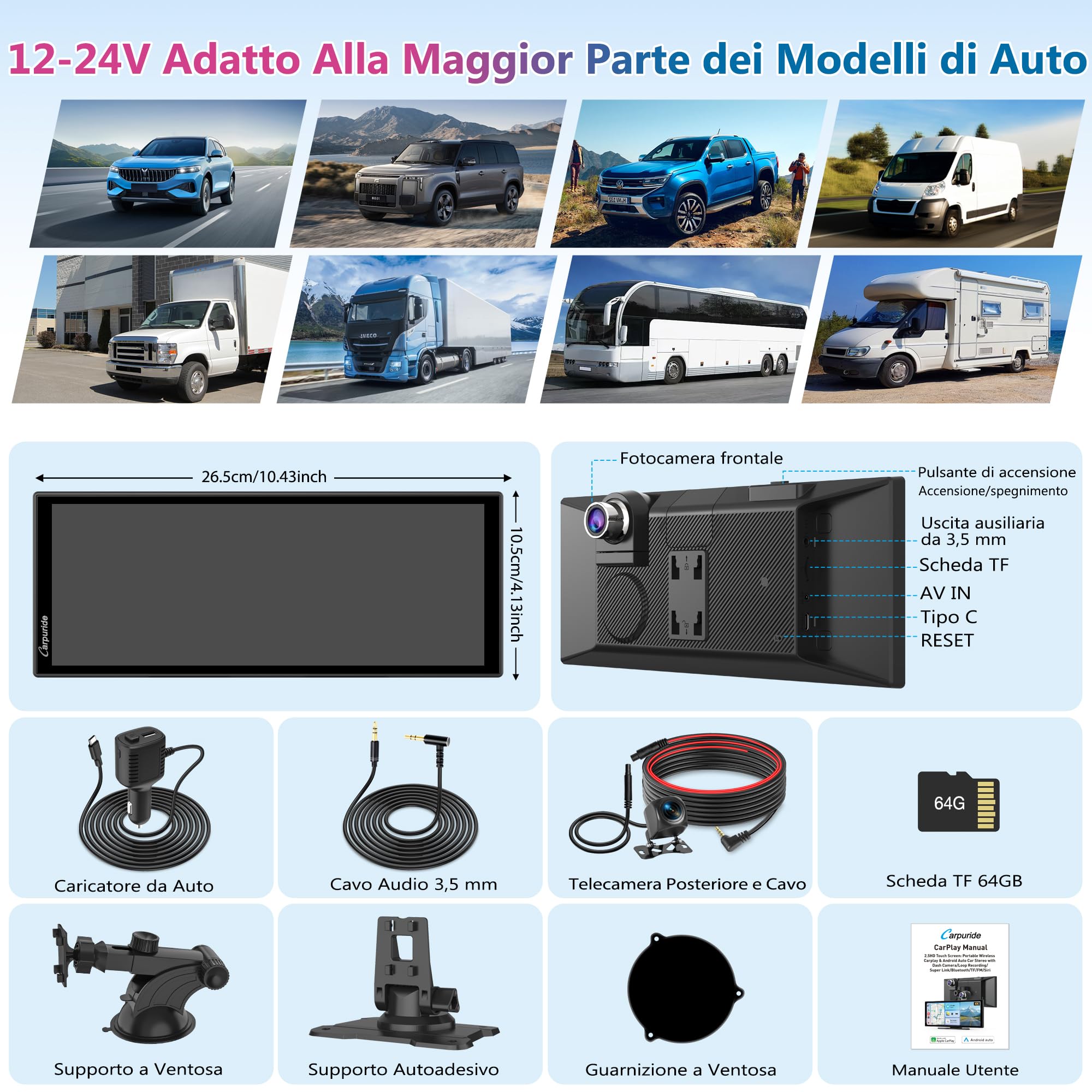 Carpuride W125A Schermo con CarPlay e Android Auto con Dash Cam | IPS HD da 11,26", Telecam Anteriore 4K + Telecam Posteriore 1080P, Registrazione in Loop,Audio Bluetooth,GPS,Siri,Mirror Link