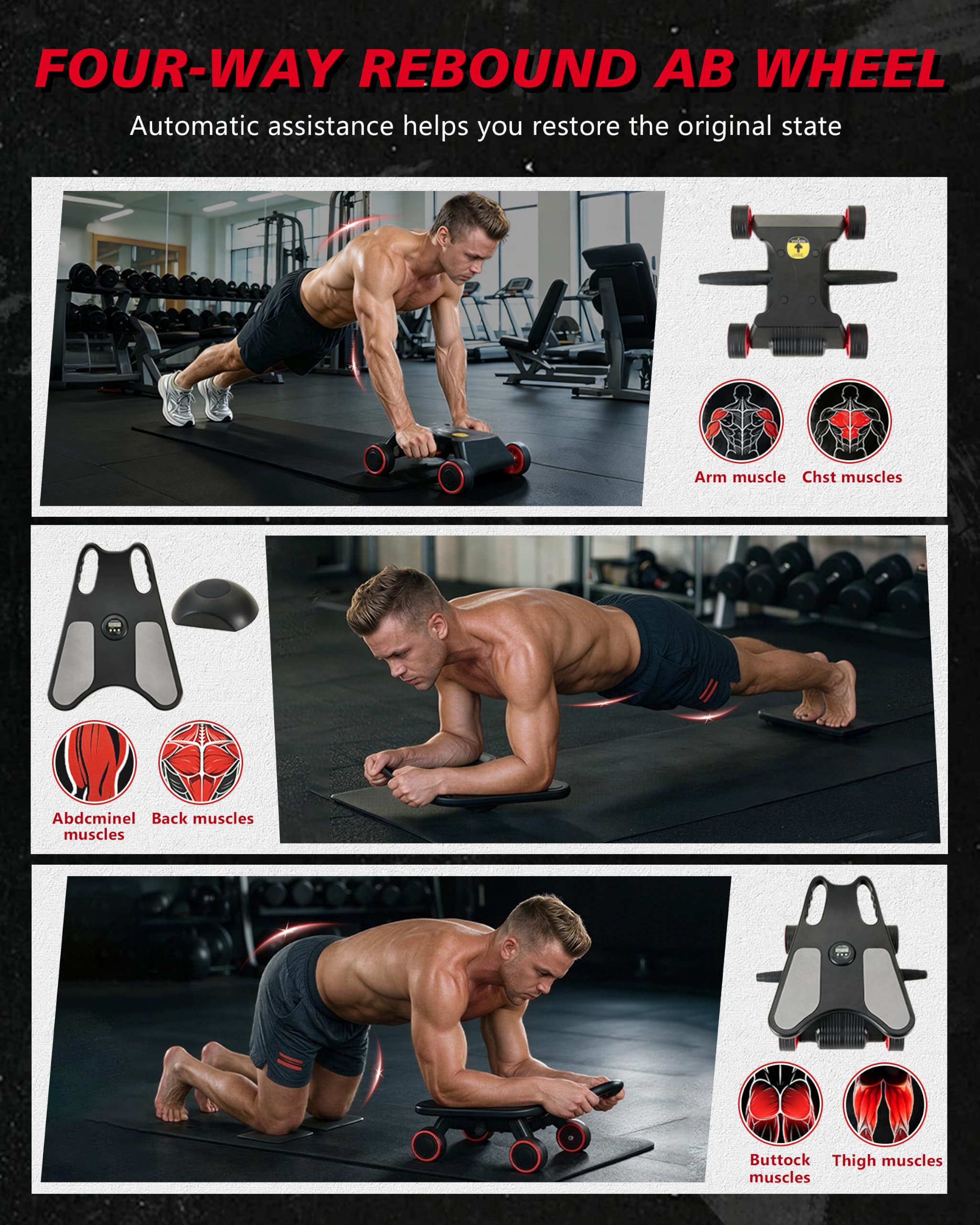 Ab Roller Rad, Ab Roller, Upgraded Automatic Rebound Ab Roller mit Ellenbogenstütze, Kniematte & Timer, 4 Räder Ab Workout Equipment für Core Strength Training, Silent Ab Wheel für Anfänger Männer