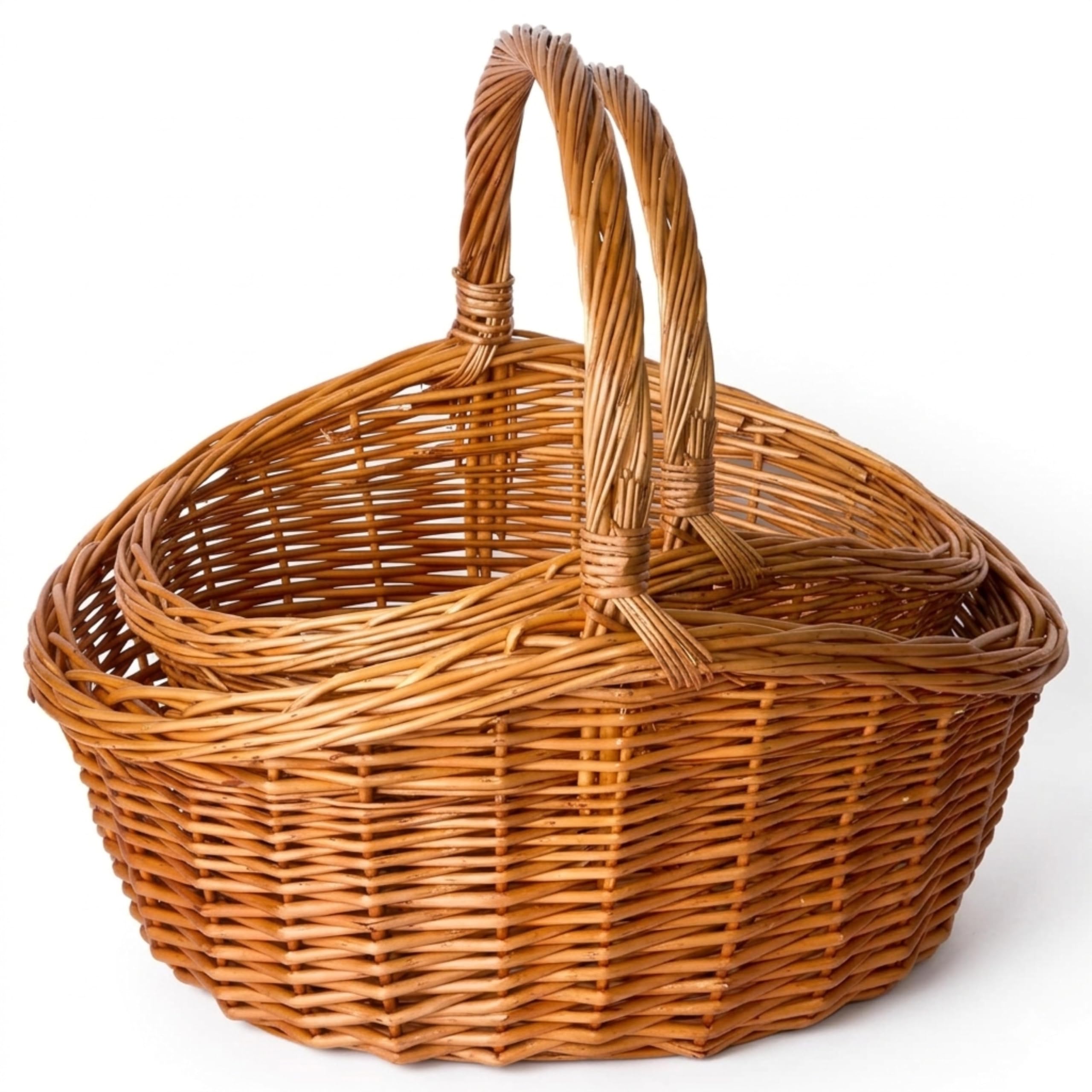 ADEPTNA Oval Wicker Shopping Basket with High Handle – Handmade Eco-Friendly Storage Basket for Home, Picnic & Gift Hampers – Durable Traditional Woven Basket (LARGE + MEDIUM)