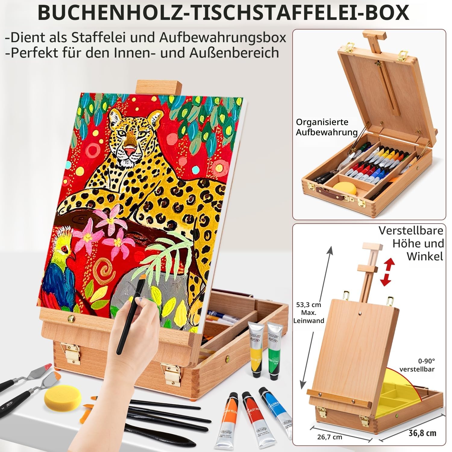 66-teiliges Acrylmalset mit Tischstaffelei, 32 Acrylfarben (je 22 ml), Pinselset mit Etui, Leinwänden – Komplettes Künstlerbedarfset für Erwachsene, Künstler und Anfänger