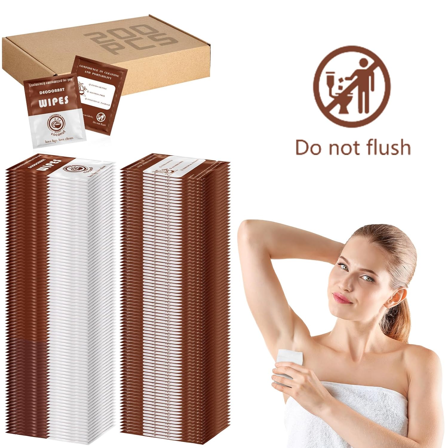 Timgle 200 Count Deodorant Wipes Individually Wrapped Underarm Deodorant Wipes Antiperspirant Wipes Body Wipes Remove Sweat Wipes for Men Women Travel and Daily Use Body Wipes(Brown)