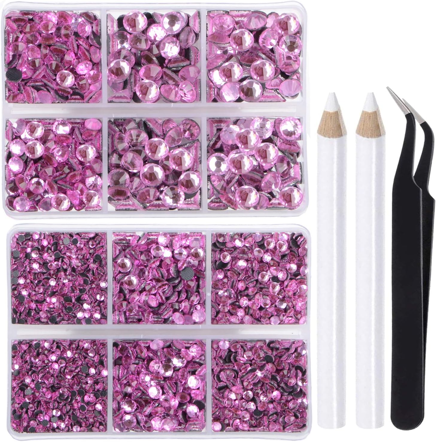 LPBeads 6400 Pieces Hotfix Rhinestones Pink Flat Back 5 Mixed Sizes Crystal Round Glass Gems with Tweezers and Picking Rhinestones Pen