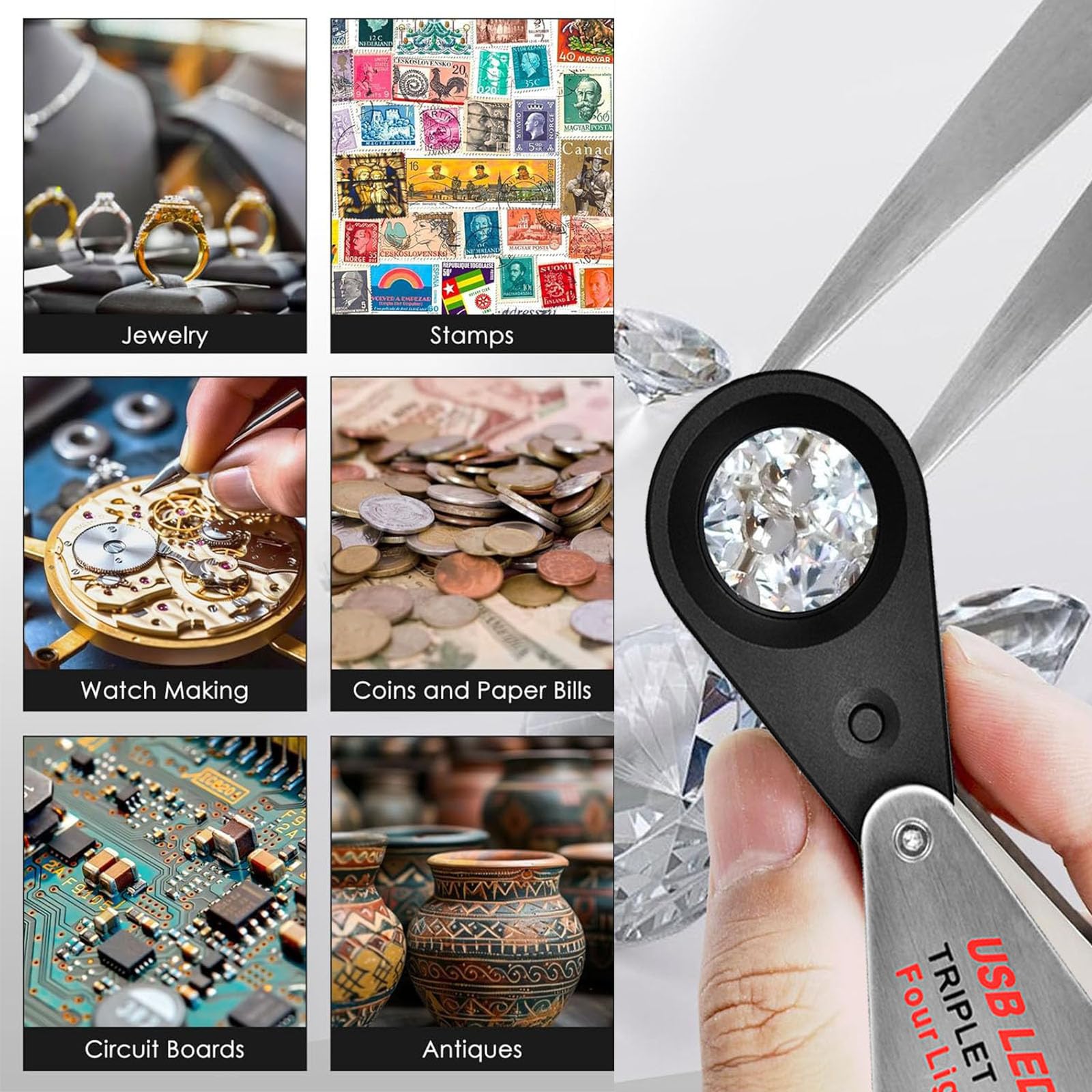 Lupa de 30X Jewelers recargable por USB con luces UV y LED, cuatro tipos de luz, lupa plegable de bolsillo iluminada para joyas de piedras preciosas, monedas, sellos, relojes