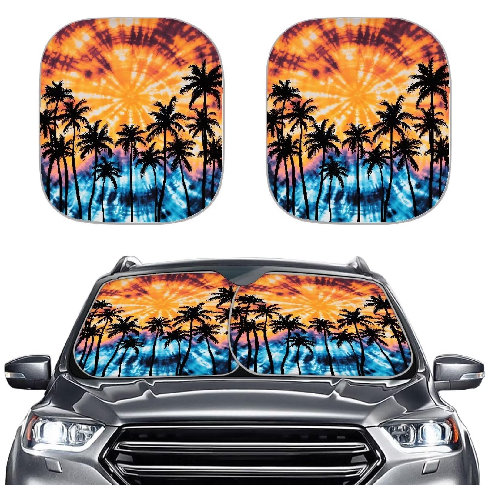 KEIAHUAN Palm Tree Tie Dye Auto Sun Shade Car Windshield Sunshade for Women Blocks UV Ray Glare Protector Visor Car Summer Accessories for Mini Van SUV Truck