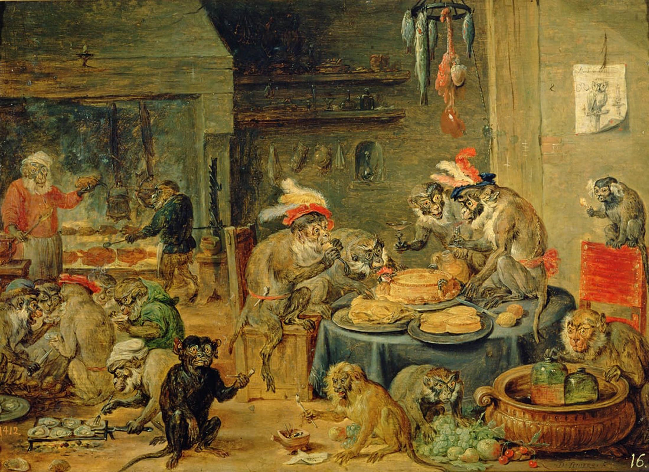 POSTERIIk Vintage Print Pop Art Landscape Artwork Monkey Banquet by David Teniers the Younger Art Prints for Office Home Decor 60x90cm