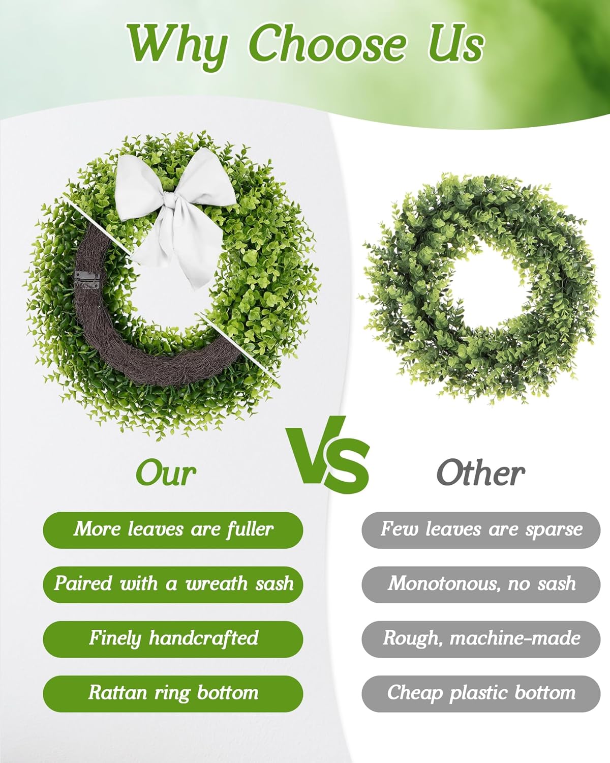 Vlorart 24 Inch Large Boxwood Wreath for Front Door, Artificial Spring Summer Wreath with Sash for Porch Window Wall Farmhouse Wedding, Green Wreaths for Year Round Indoor & Outdoor Home Decorations