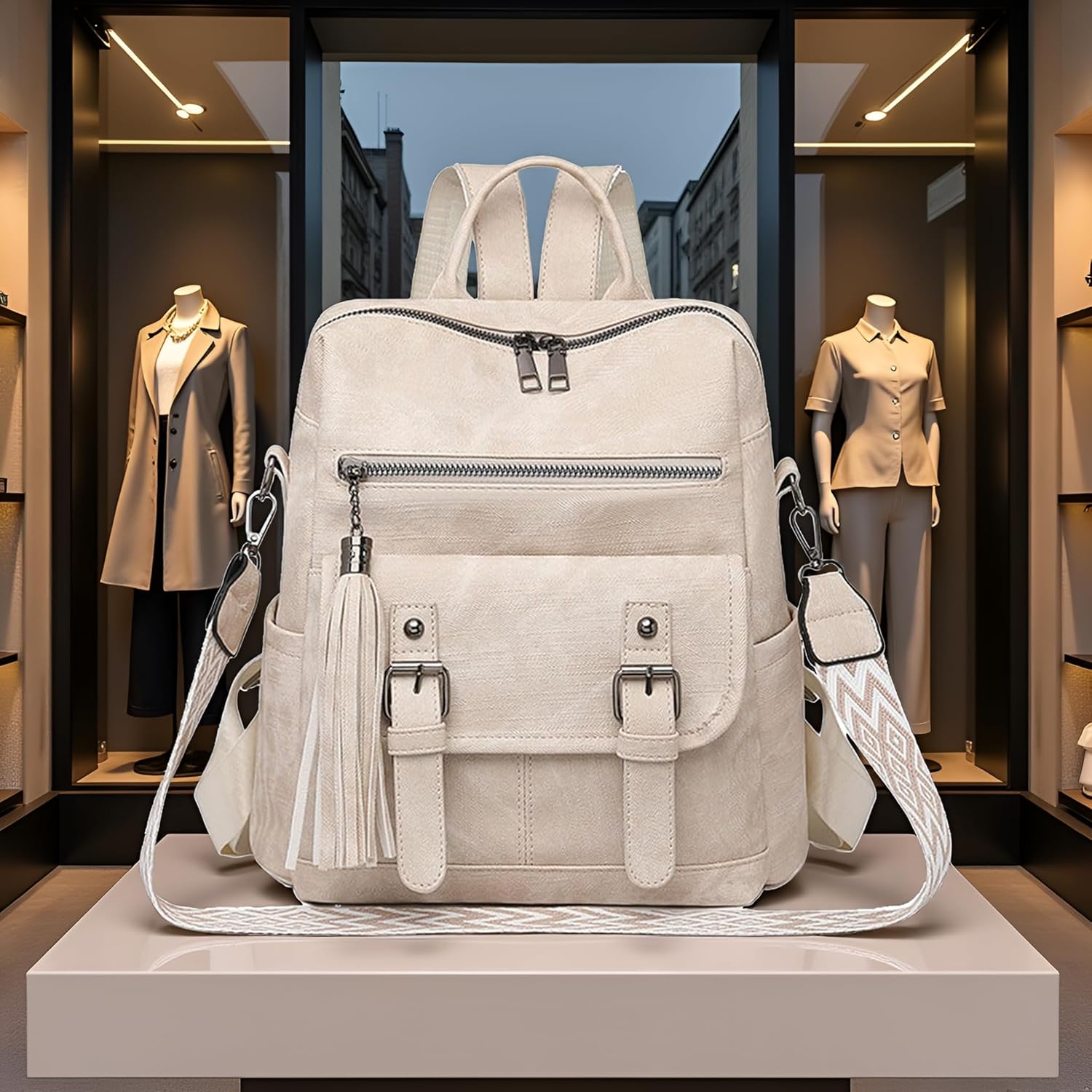 Fashion PU Leather Backpack Purse for Women Travel Backpack Bag with Tassel Ladies Shoulder Handbags Casual Daypack (Denim Beige)