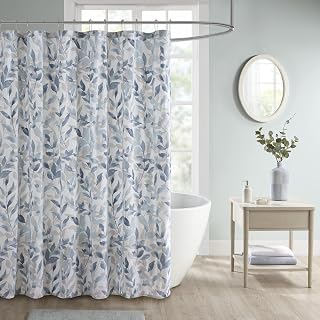 Madison Park Essentials Sofia Shower Curtain 72x72 - Botanical Blue Gray Print, Machine Washable Serene Bathroom Decor