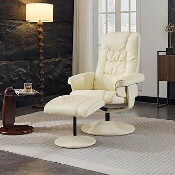 Pushback Recliner Chair,Comfy Wingback Adjustable Backrest Artificial Leather Accent Armchair with Footstool Trim & Wood Base Swivel Sofa Chair for Living Room Office Home Theater Bedroom Beige