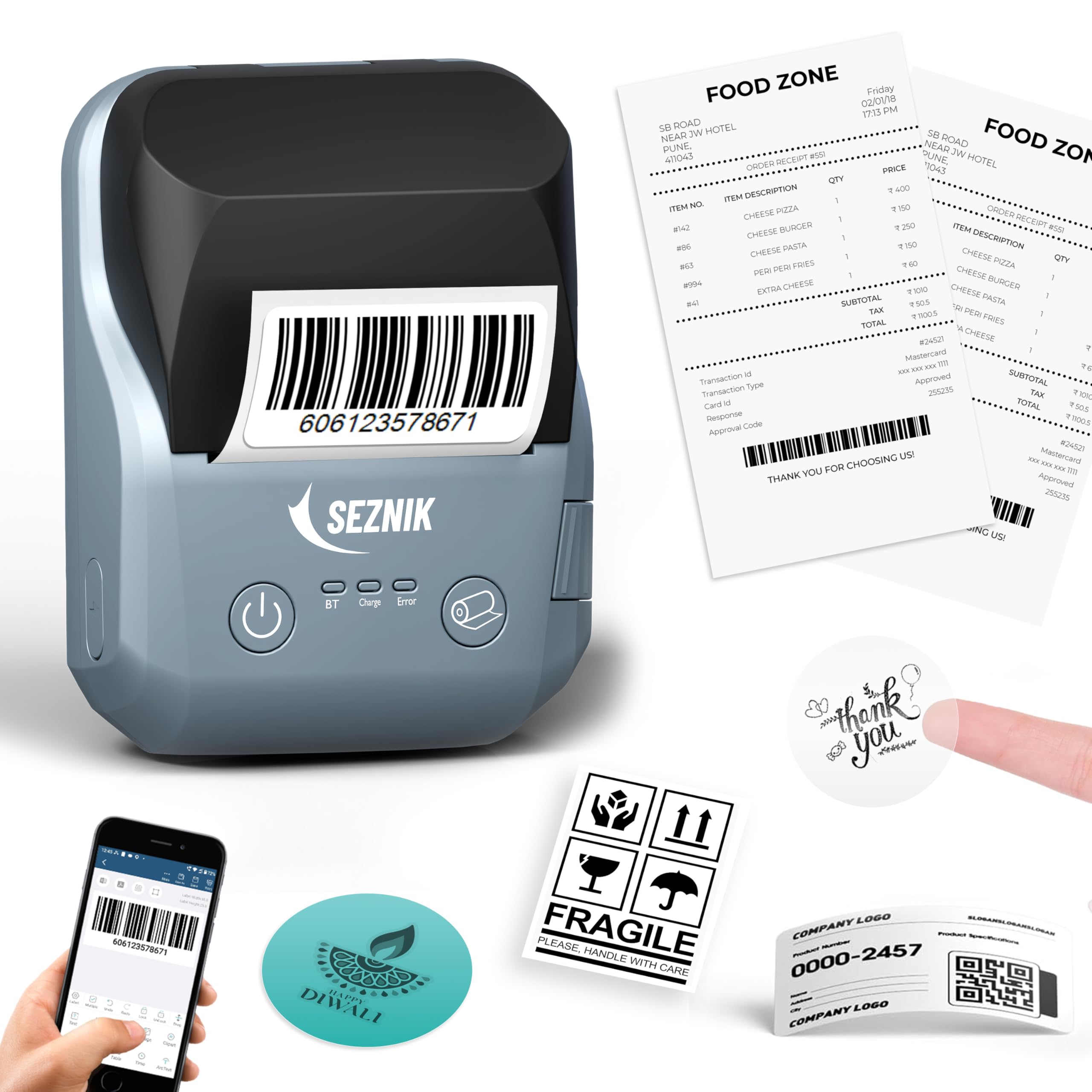 SEZNIK DEV Bluetooth Thermal Label + Receipt Printer for Business | Inkless Mini | 203 DPI | Mobile, Desktop Compatible | Upto 2 inch Print | 1 Year Warranty-image-20