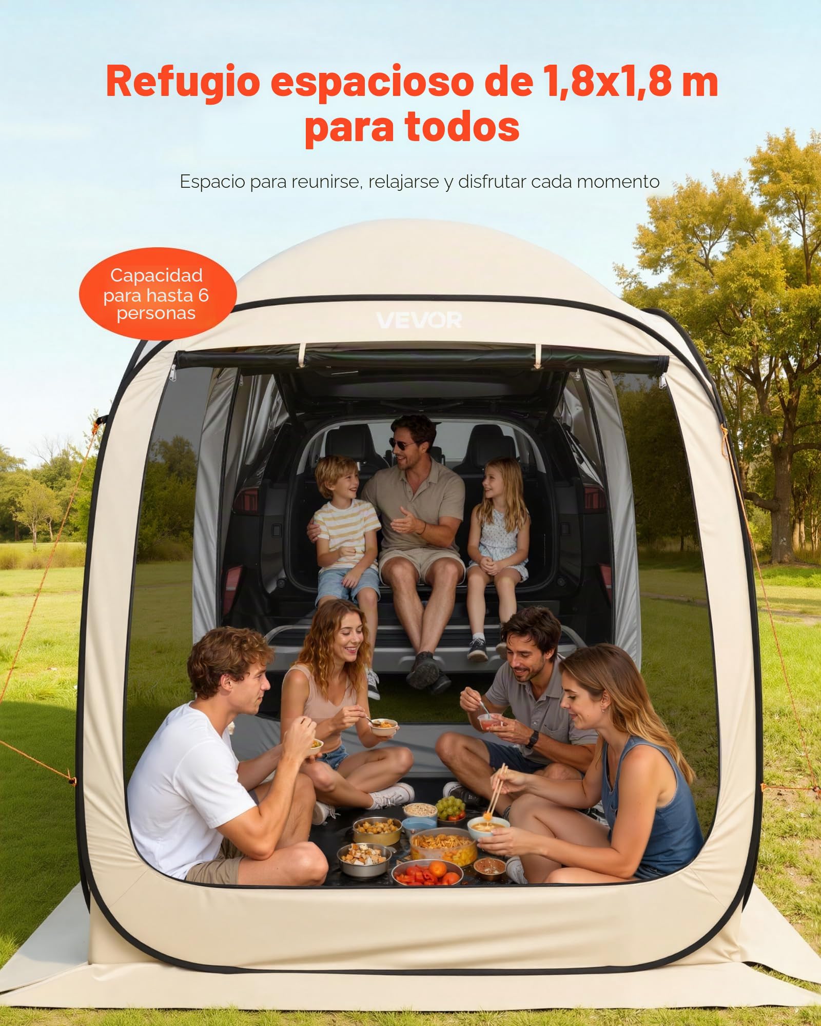 VEVOR Tienda de Campaña con Mosquitera, 1825 x 1825 x 2200 mm, 4-6 Personas, Plegable, para Portón Trasero SUV, con Bolsa de Transporte, Laterales de Malla, para Actividades al Aire Libre, Beige