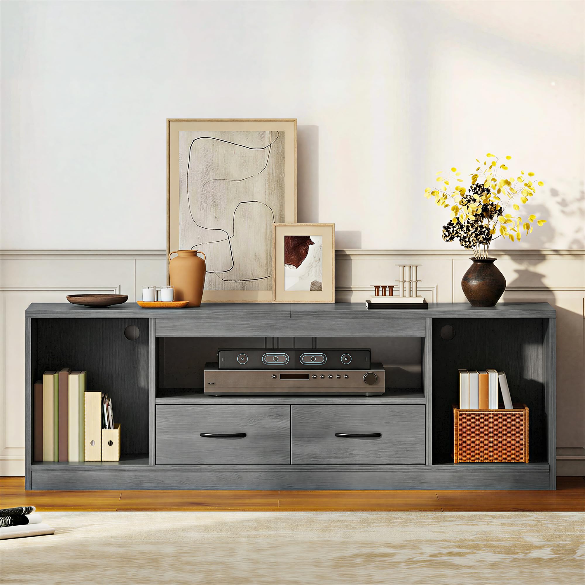 YITAHOME Grauer TV-Schrank bis 65 Zoll, 148cm Lowboard mit 2 Schubladen | 3 verstellbare Regalböden und 2 Stoffschubladen für ordentlichen Stauraum im Wohn- und Schlafzimmer.