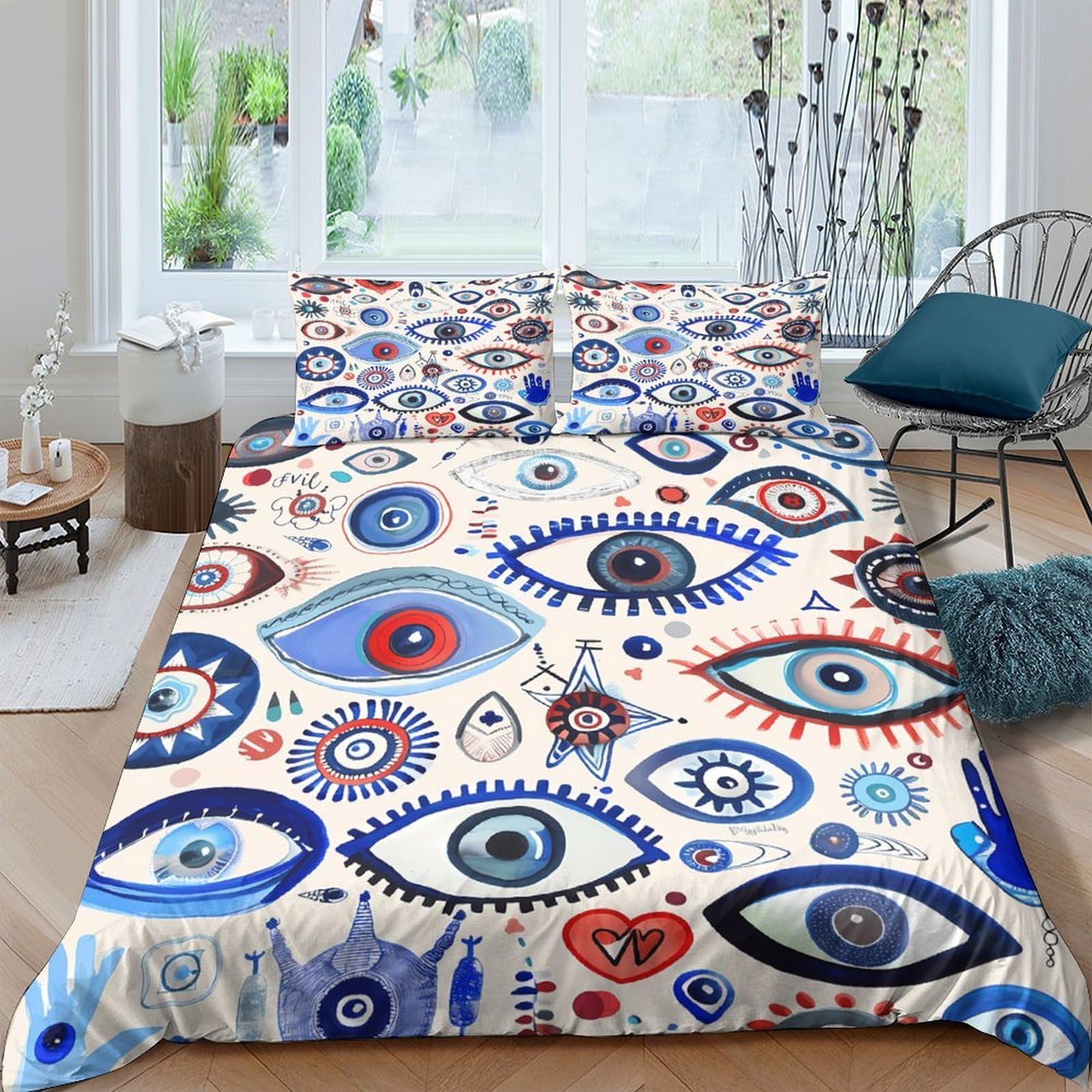 Ctjqhvkz Style-1 3D Printed Evil Eye Fitted Sheet Microfiber Soft Blue Red Abstract Eyes Bed Cover For Bedroom Guest Room Decor Single（135X200cm）