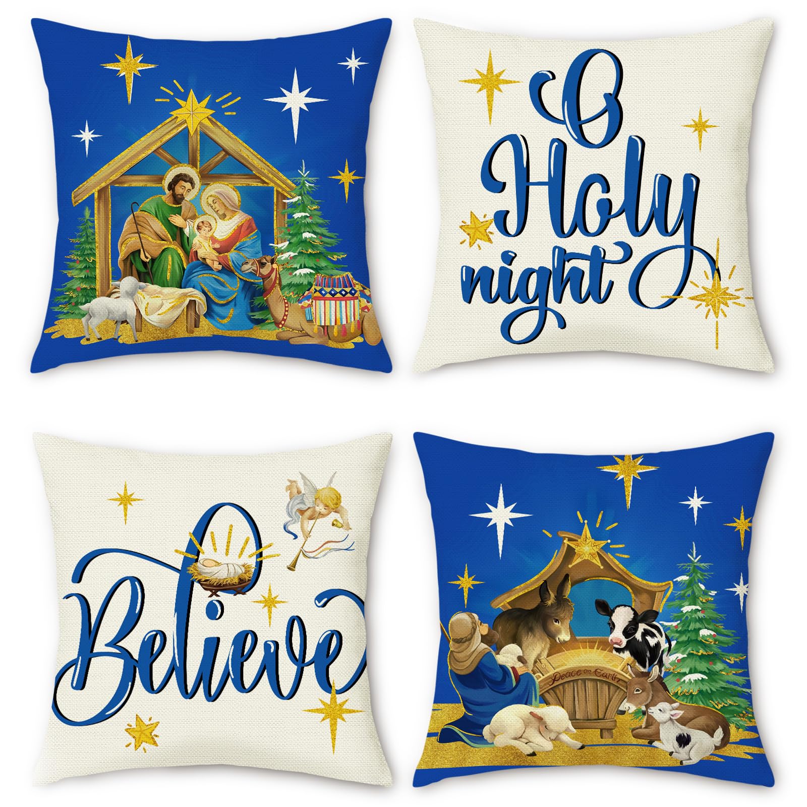 Bonhause Christmas Cushion Covers 45 x 45 cm Holy Night Jesus Xmas Trees Animals Blue Decorative Throw Pillow Covers for Sofa Bed Home Patio Winter Holiday Decor Set of 4