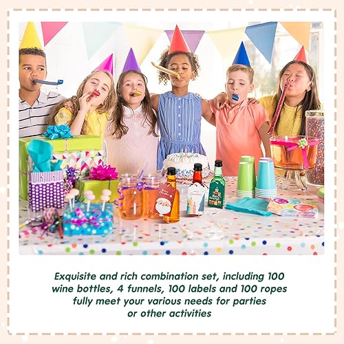 Miniatura 6 de Tessco Juego de 304 mini botellas de licor de Navidad, 100 botellas de plástico vacías con tapa negra, mini botellas de alcohol con 4 embudo de