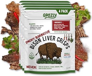 Grazly Smoky Barbecue Bison Liver Crisps - Grass Fed and Finished Bison Liver Chips - Crispy High Protein Snacks - Keto, Paleo, Whole30, AIP Friendly Snack - Organ Meat Jerky - Made in USA (4 Packs)