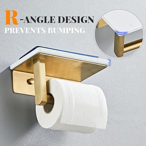 Miniatura 8 de Soporte de papel higiénico negro mate con estante, tornillo de acero inoxidable 304 montado en la pared, soporte de rollo de papel de mármol con