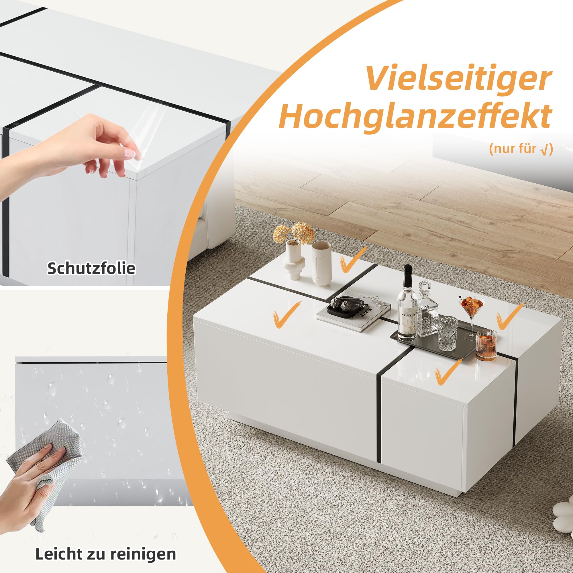 Merax Couchtisch Rechteckiger, Moderner Wohnzimmertisch Ausziehbar mit Schiebetischplatte, Multifunktions-Kaffeetisch mit 4 Schubladen, Hochglanz Sofatisch Beistelltisch für Wohnzimmer, Büro, Weiß