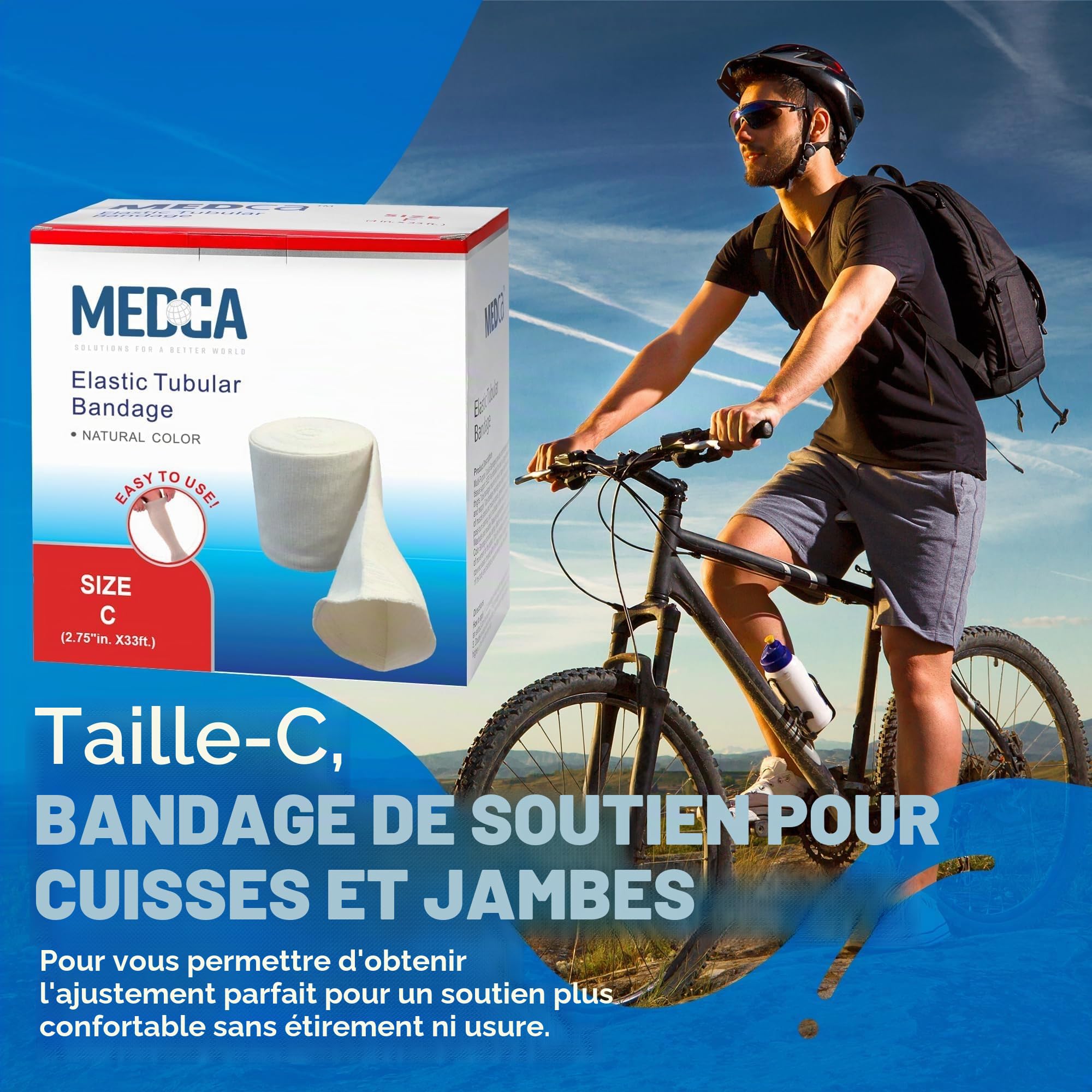 Bandage de soutien tubulaire élastique taille C, boîte de 10 m - couleur naturelle (2,75" x 33 pieds) pour grand bandage de soutien du genou - cuisse moyenne, coton élasthanne