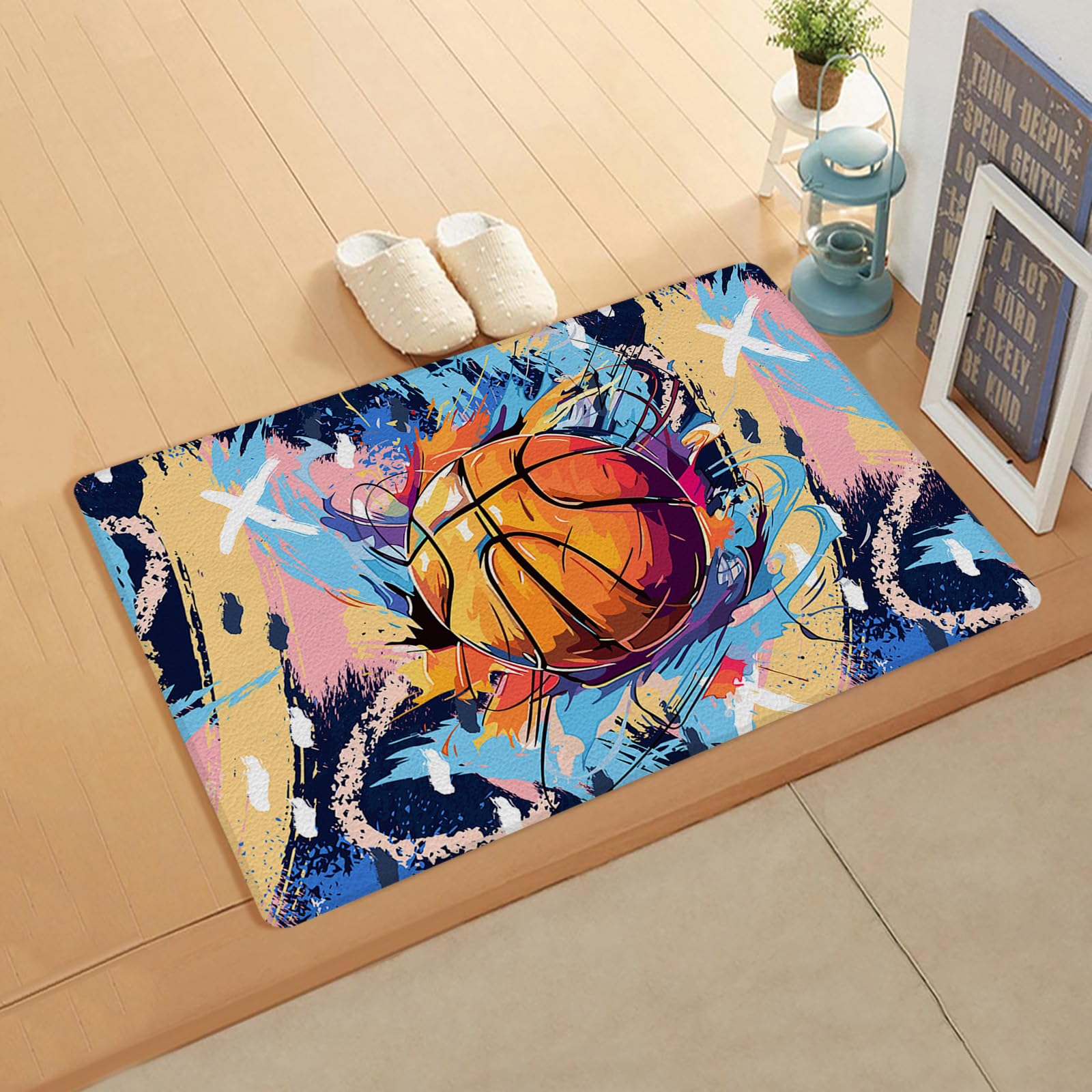 Abstract Basketball Kitchen Bath Door Mat Cushioned Runner Rug,Washable Welcome Floor Sink Antifatigue Mat,Waterproof & Non-Slip Comfort Standing Doormat,Contemporary Rainbow Street Art 24