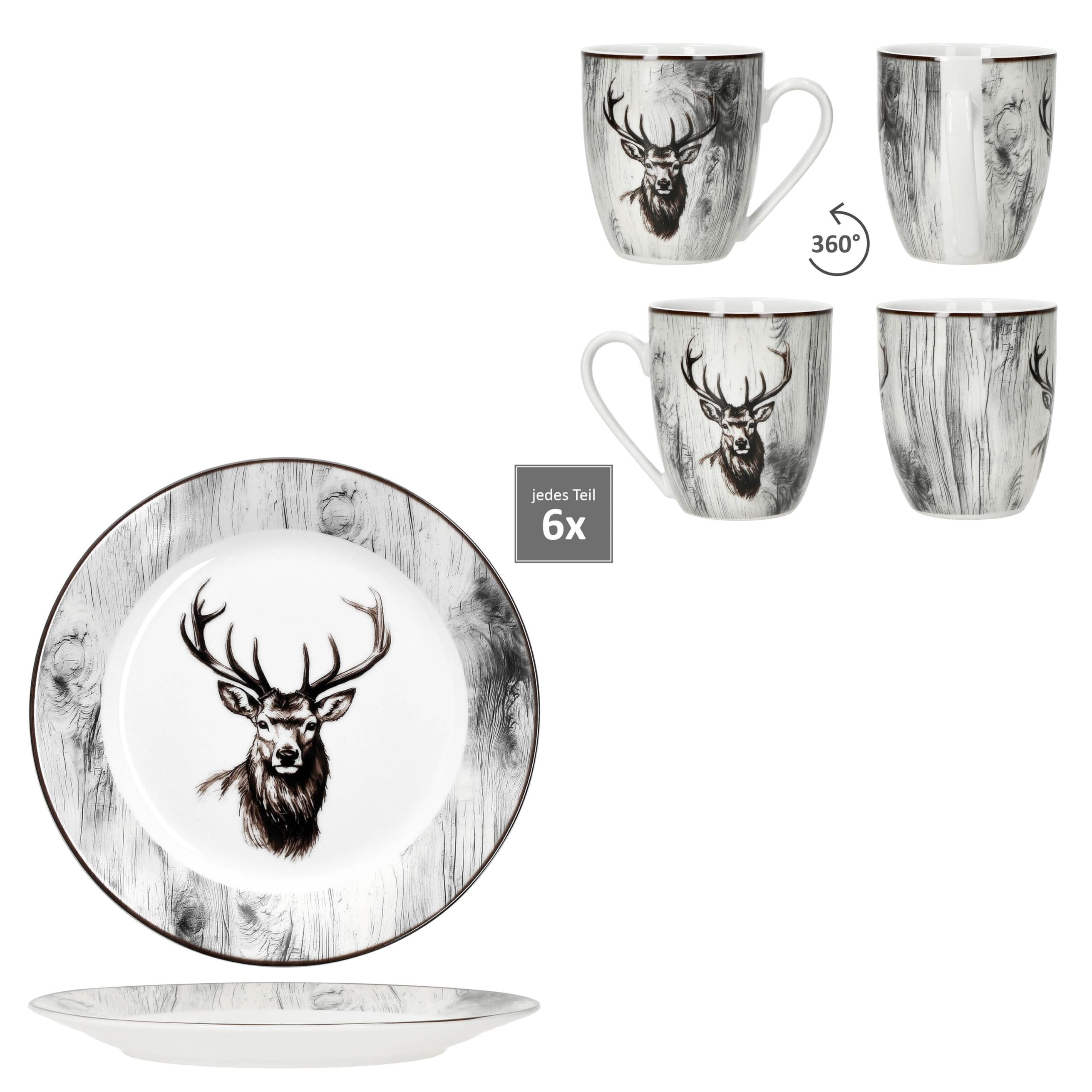MamboCat Alois 12tlg Frühstücksset I je 6x Frühstücksteller & Kaffeebecher 350 ml aus Porzellan I 6 Personen I Holz-Optik & Hirschmotiv in Schwarz-Weiß I für Frühstück & Kaffee