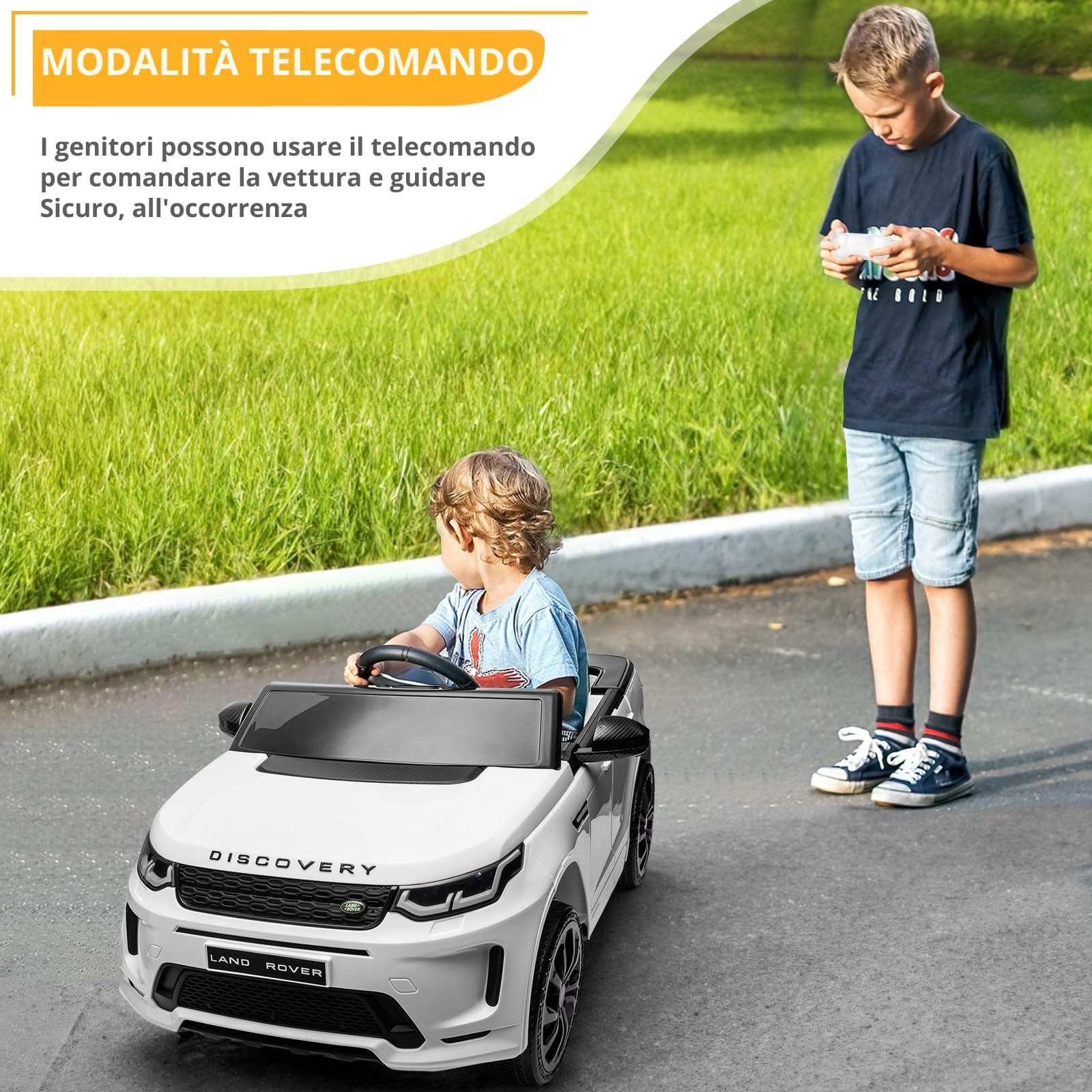 LALAHO Mcchina Elettrica Per Bambini LAND ROVER Discovery Sport 12V con Doppi Motori, 3-5km/h Auto Elettrica per Bambini 3-5 Anni, Sospensioni, MP3, Telecomando (Bianco)