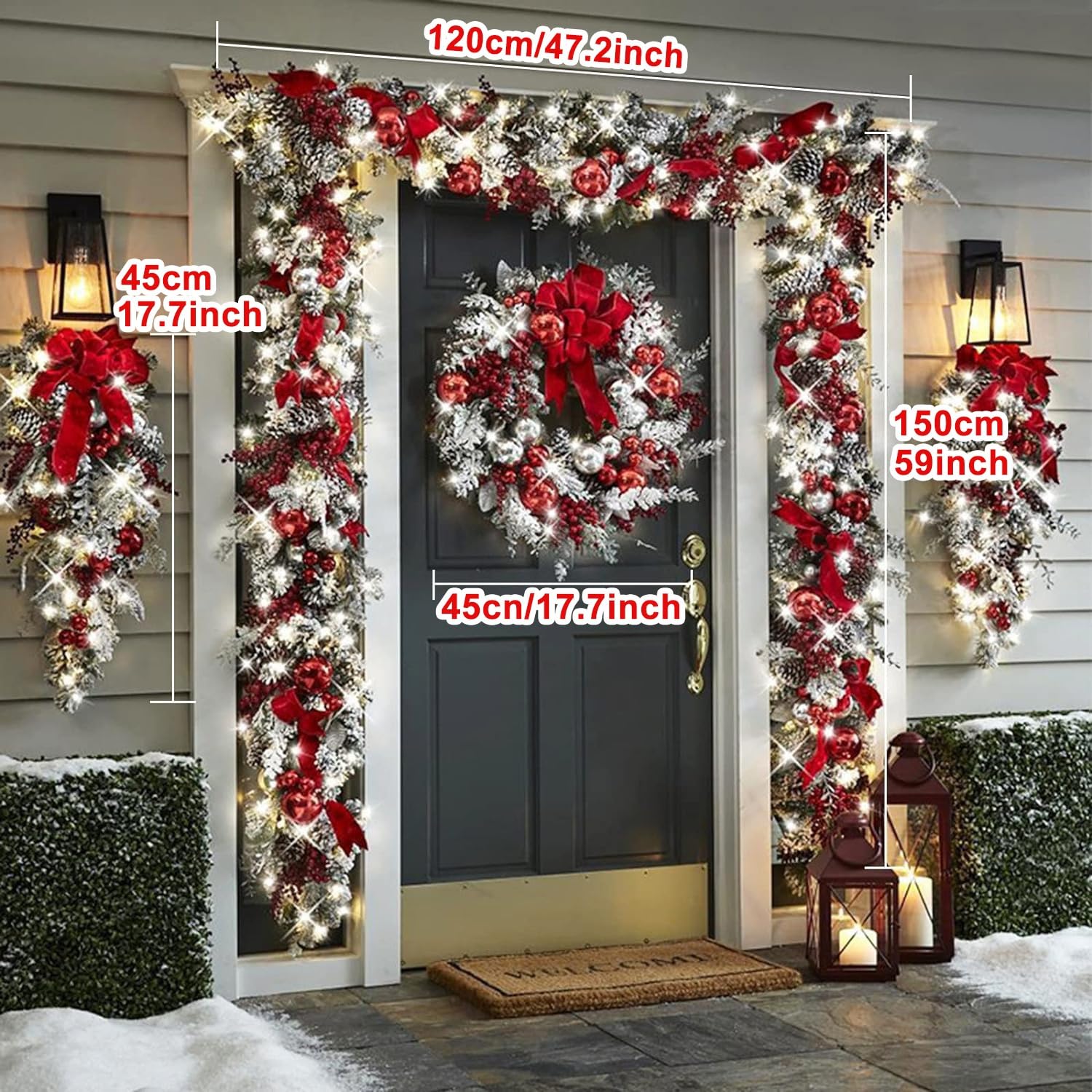 Juego de decoraciones de Navidad, guirnalda, corona y 2 árboles al revés para puerta delantera, interior y exterior