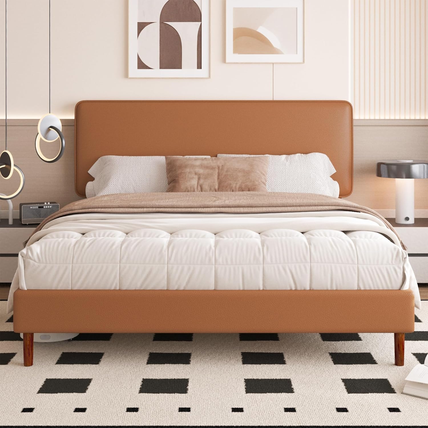 King Size Leather Platform Bed Frame with Adjustable Upholstered Headboard, Solid Wooden Legs, No Box Spring Needed, Easy Assembly, Noise Free, Orange-Brown