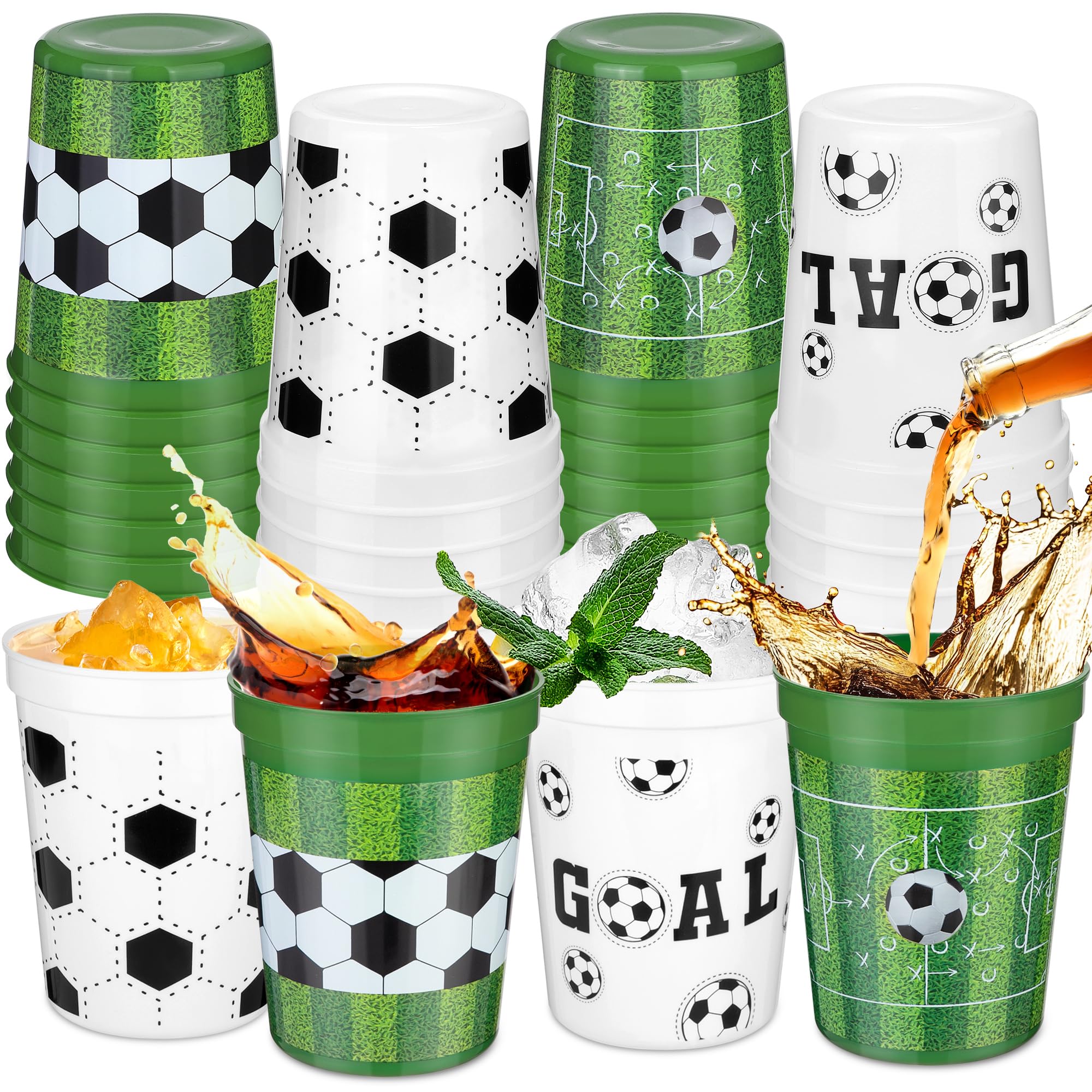 Kochorie 24 Pieces Soccer Birthday Party Decorations 16 OZ Green White Sports Ball Fan Cups Disposable Drinking Cups for Sport Themed Party Favors