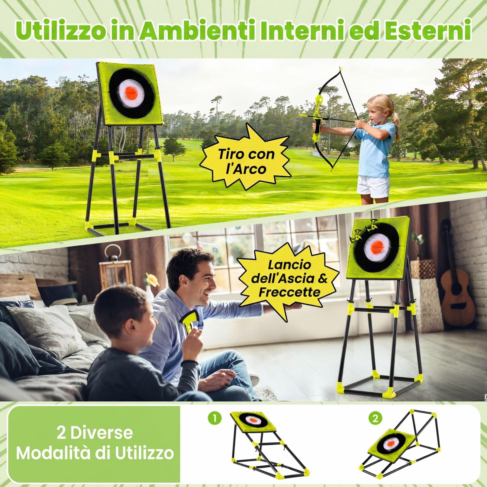 COSTWAY 4 in 1 Set di Arco e Frecce per Bambini | Set da Gioco con Asce da Lancio, Freccette , Freccia, Arco e Bersaglio, da Interno ed Esterno