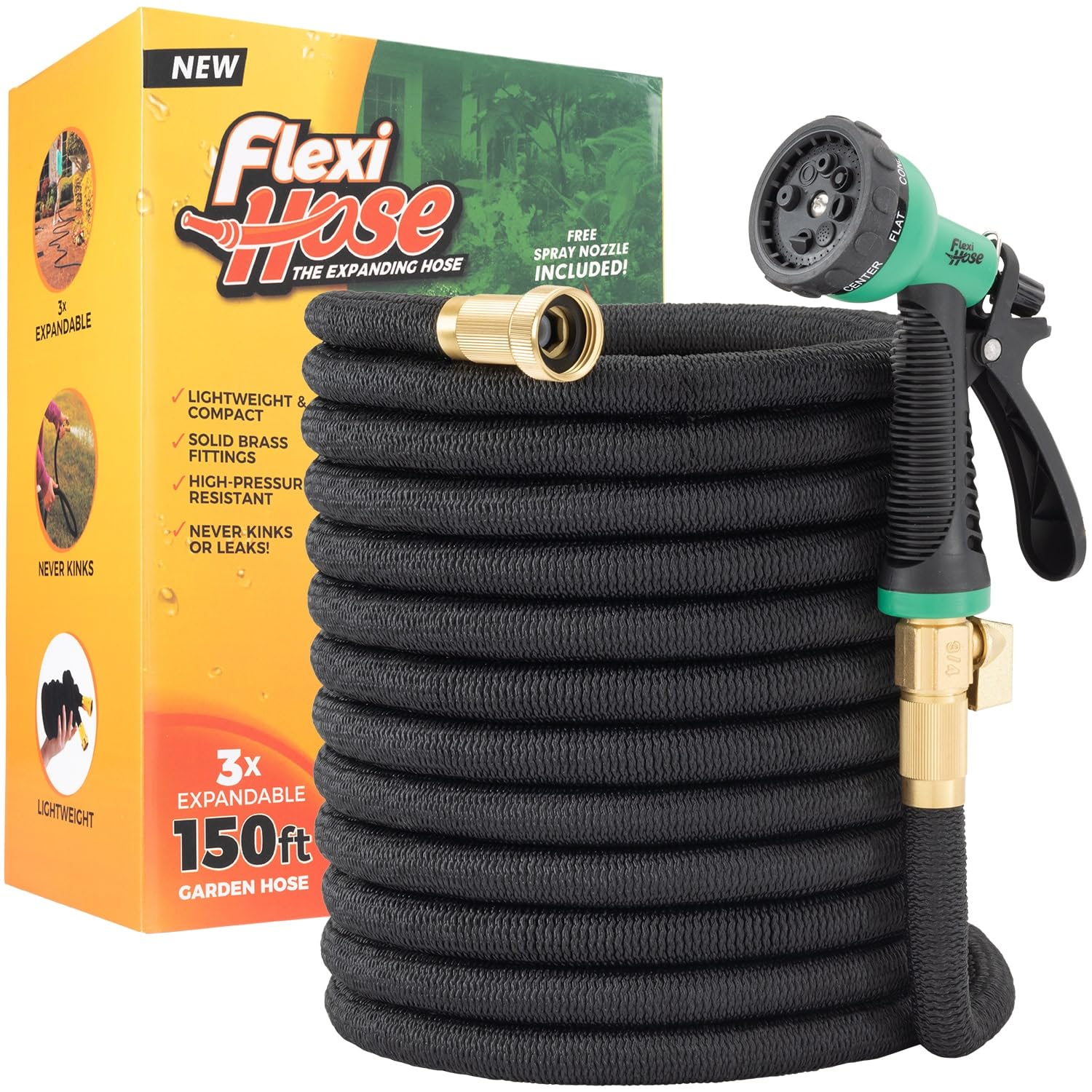 flexi hose with 8 function nozzle 150ft - lightweight expandable garden hose no-kink flexibility 34 inch solid brass fittings and double latex core