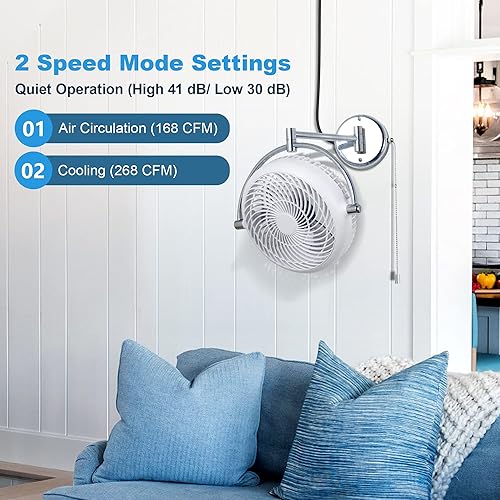 Miniatura 4 de Parrot Uncle Ventiladores de montaje en pared, ventilador de techo con brazo plegable con enchufe, 10 pulgadas, blanco