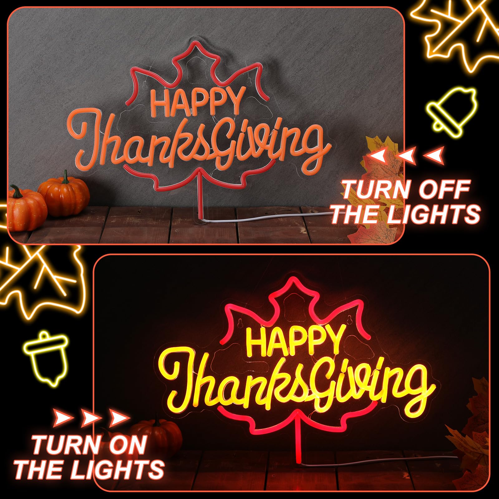 Huquary Targa al neon per il Ringraziamento, 42 x 30 cm, illuminata, decorazione artistica da parete, luce al neon alimentata tramite USB, per festa del Ringraziamento, matrimonio, compleanno,